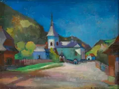 Akidos Ambróz, Dedinský kostolík, Okolo 1955, Olej na kartóne