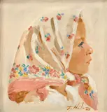 Hlavička dievčatka v kvietkovanej šatke by Jan Hála, 1947, Olej na plátne, kašírované na kartóne, sold Mar 2013