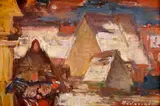 Žena s kohútom by Mária Medvecká, Okolo 1975, Olej na plátne, kašírované na kartóne, sold Mar 2013