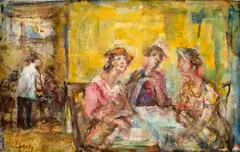 Július Jakoby, Ženy v kaviarni, Okolo 1955, Olej na kartóne