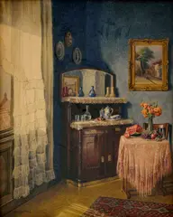 Jenő Koszkol, Meštiansky interiér, Okolo 1930, Akvarel na papieri