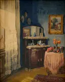 Jenő Koszkol, Meštiansky interiér, Okolo 1930, Akvarel na papieri