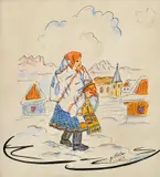 Jan Hála, Do kostola, 1938, Akvarel na papieri