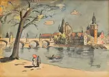 Jan Hála, Prechádzka na Kampe, 1939, Akvarel, tuš na papieri