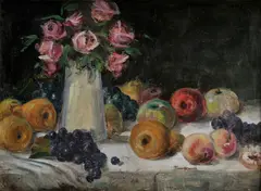 František Gyurkovits, Zátišie s kvetmi a ovocím, Okolo 1930, Olej na lepenke