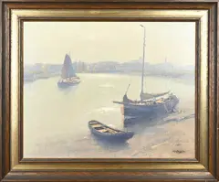 Henk Dekker, Havengezicht met zeilboot, Olieverf op linnen