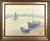 Henk Dekker, Havengezicht met zeilboot, Olieverf op linnen