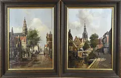 Pendant Chris Dijkman, Hollandse stadsgezichten, Olieverf op linnen