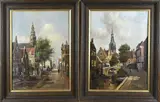 Pendant Chris Dijkman, Hollandse stadsgezichten, Olieverf op linnen