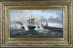 Louis Vernier, Havenmonding met driemaster, Olieverf op linnen