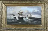 Louis Vernier, Havenmonding met driemaster, Olieverf op linnen