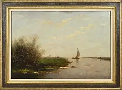 Victor Bauffe, Plasgezicht met zeilboot en punter, Olieverf op linnen