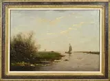 Victor Bauffe, Plasgezicht met zeilboot en punter, Olieverf op linnen