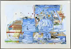 Sam Middleton, Mixed media collage met surfers, Gemengde techniek op papier