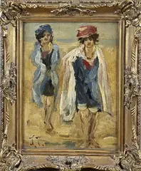 Monogram J.J., Twee dames op strand, Olieverf op paneel