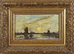 Ongesigneerd schilderij, Riviergezicht met zeilboot en windmolen, Olieverf op linnen