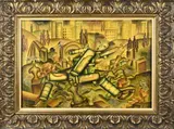 Gisela Sedatis Grosser, Stadsgezicht/fantasie figuren, Olieverf op board