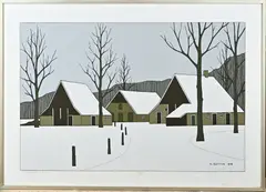 Klaas Bernink, Boerderij in Denekamp in de sneeuw, Lithografie, 1979