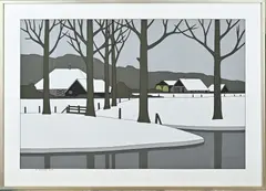 Klaas Bernink, Boerderijen Twickel in de sneeuw, Lithografie, 1981