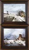 Anton Reuvers Pendant, Wintergezichten, Olieverf op paneel