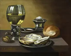 C. Cornelisz, Stilleven met Roemer, oesters en brood, Olieverf op paneel