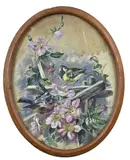 Schilderij op zijde, Vogels op hek, Olieverf op zijde