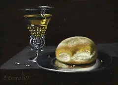 C. Cornelisz, Roemer, brood op tinnen schaal, Olieverf op paneel
