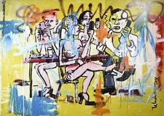 Zeer groot werk van Peter Klashorst, Musicerende figuren in bar, Acryl op linnen