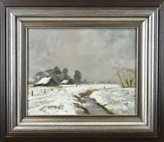 Gerard Krol, Twentse boerderij in de sneeuw, Olieverf op linnen