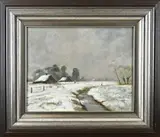Gerard Krol, Twentse boerderij in de sneeuw, Olieverf op linnen