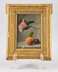 Monogram A.B., Vogel met abrikoos en kersen, Olieverf op paneel