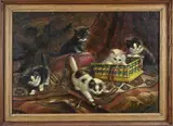A. v & d Heijden, Spelende kittens, Olieverf op linnen