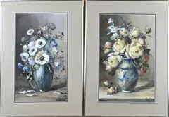 2x Schilderij, Bloemstilleven (2x), Gouache op papier