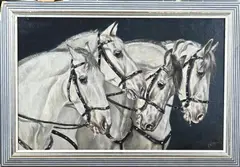 onduidelijk monogram Schilderij, Paarden 4-span, Olieverf op linnen