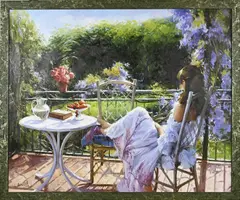 Louis Pascin, Vrouw op terras, Olieverf op linnen