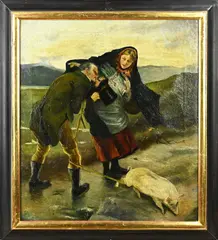 F.J. Moyson, Man schuilt onder jas......, Olieverf op linnen