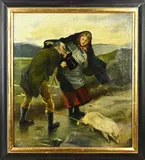 F.J. Moyson, Man schuilt onder jas......, Olieverf op linnen