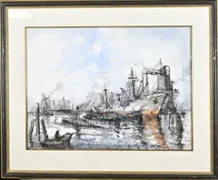 Havengezicht Rotterdam by Wim Bos, Gemengde techniek op papier, sold Jun 2026