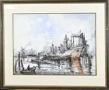Wim Bos, Havengezicht Rotterdam, Gemengde techniek op papier