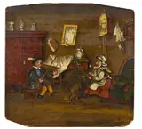 19e Eeuws, Hollands schilderij, Interieur dansende vrouw + wolf, Olieverf op paneel