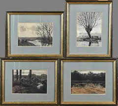 4x Gerard Krol, Twentse landschappen, 4x Twents landschap 4x Gemengde techniek op papier