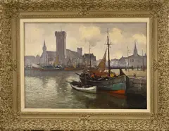 Hollandse haven met visser en vissersboot by Cornelis de Bruijn jr., Olieverf op linnen, sold Jun 2026
