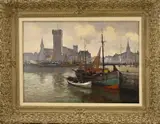 Cornelis de Bruijn jr., Hollandse haven met visser en vissersboot, Olieverf op linnen