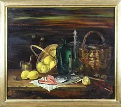 Russische School, Stilleven met fruit en flessen, Olieverf op linnen