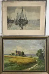 2x Schilderij, Landschap/Havengezicht, Köhler, olieverf op linnen, afmeting: H 60 x B 80 cm