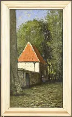 Vrouw rustend voor huisje by Cornelis Kuypers, Olieverf op schilderskarton, sold Jun 2026