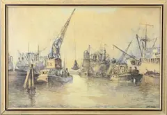 Joop Molenaar, Rotterdamse haven, Aquarel op papier