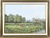 J. Droog, Koeien in landschap, Olieverf op linnen
