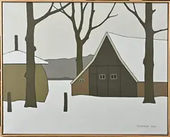 Klaas Bernink, Boerderij in winter, Acryl op linnen