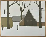 Klaas Bernink, Boerderij in winter, Acryl op linnen